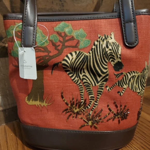 LIZ CLAIBORNE Savannah theme zebra crossbody beaded purse handbag NWT - Picture 2 of 13